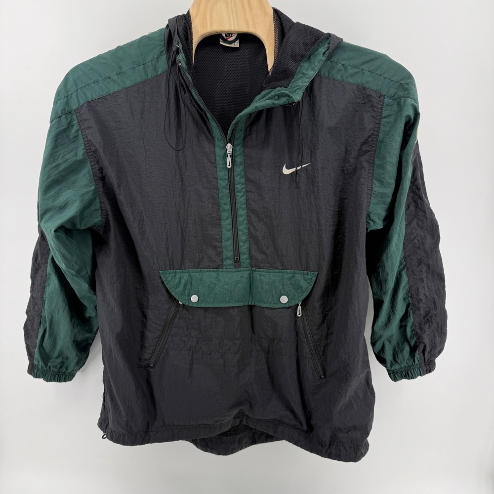 Vintage 90s Nike Windbreaker Half Zip Anorak Jacket Black Green Mens Large